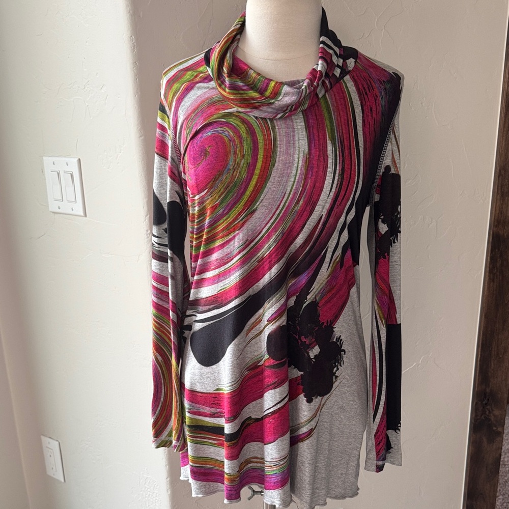 Snoskins Vibrant Swirl Long Sleeve Top With Cowl Neck Artsy Retro Vibe